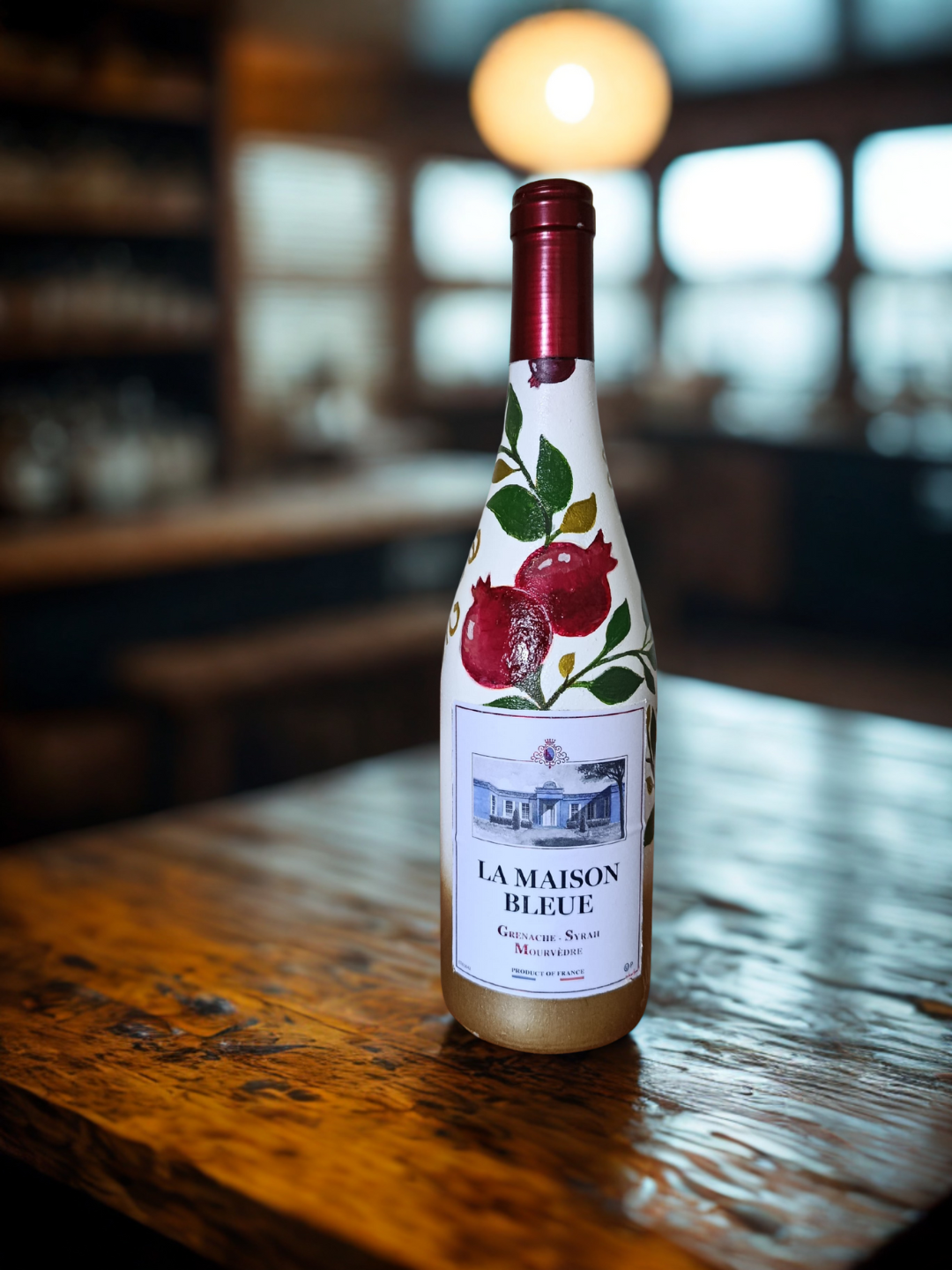 Handbemalte Weinflasche „La Maison Bleue“ – Granatapfel-Design für Rosh Hashana Koscher