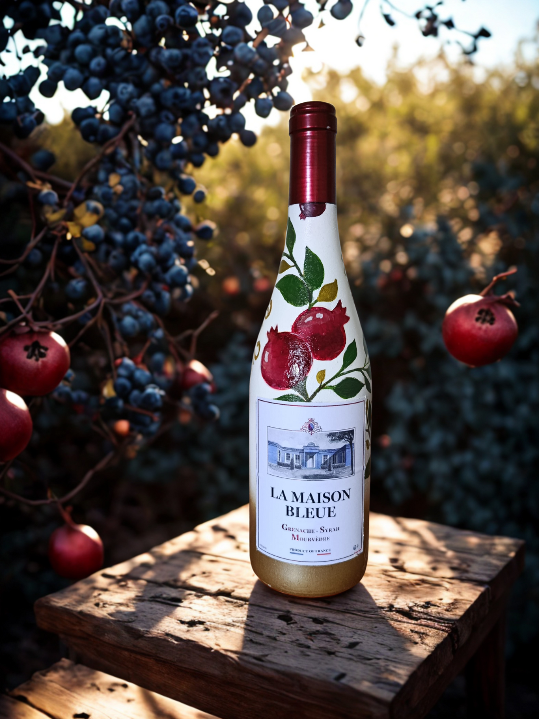 Handbemalte Weinflasche „La Maison Bleue“ – Granatapfel-Design für Rosh Hashana Koscher