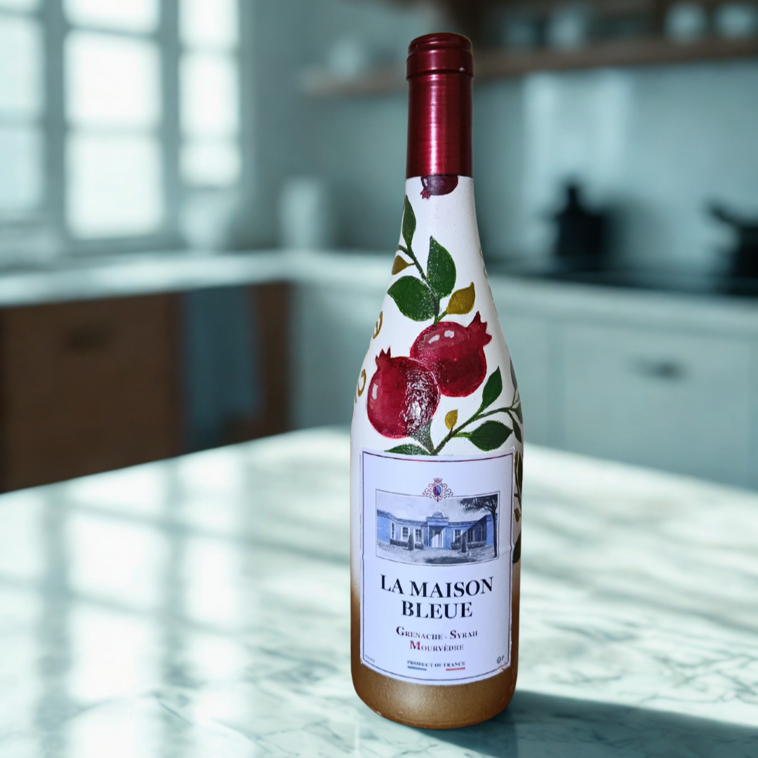Handbemalte Weinflasche „La Maison Bleue“ – Granatapfel-Design für Rosh Hashana Koscher