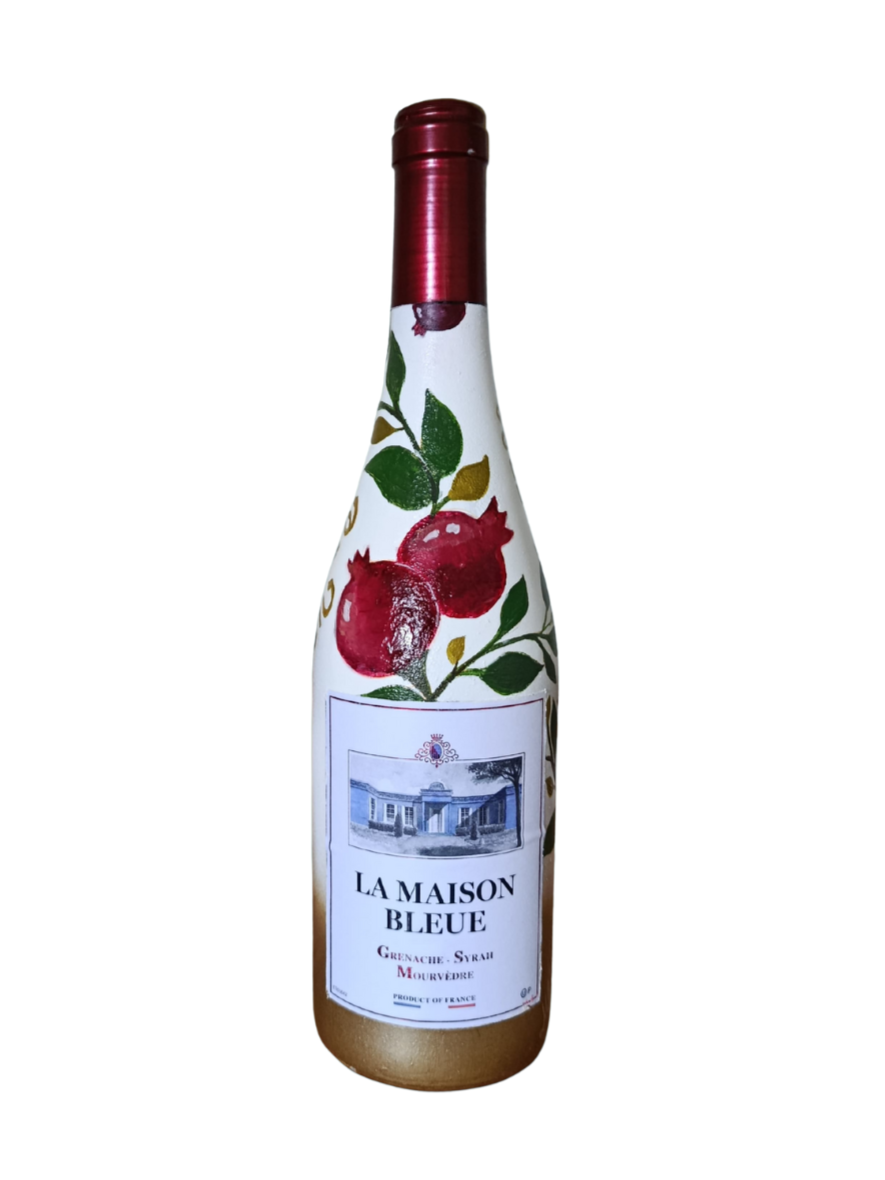 Handbemalte Weinflasche „La Maison Bleue“ – Granatapfel-Design für Rosh Hashana Koscher