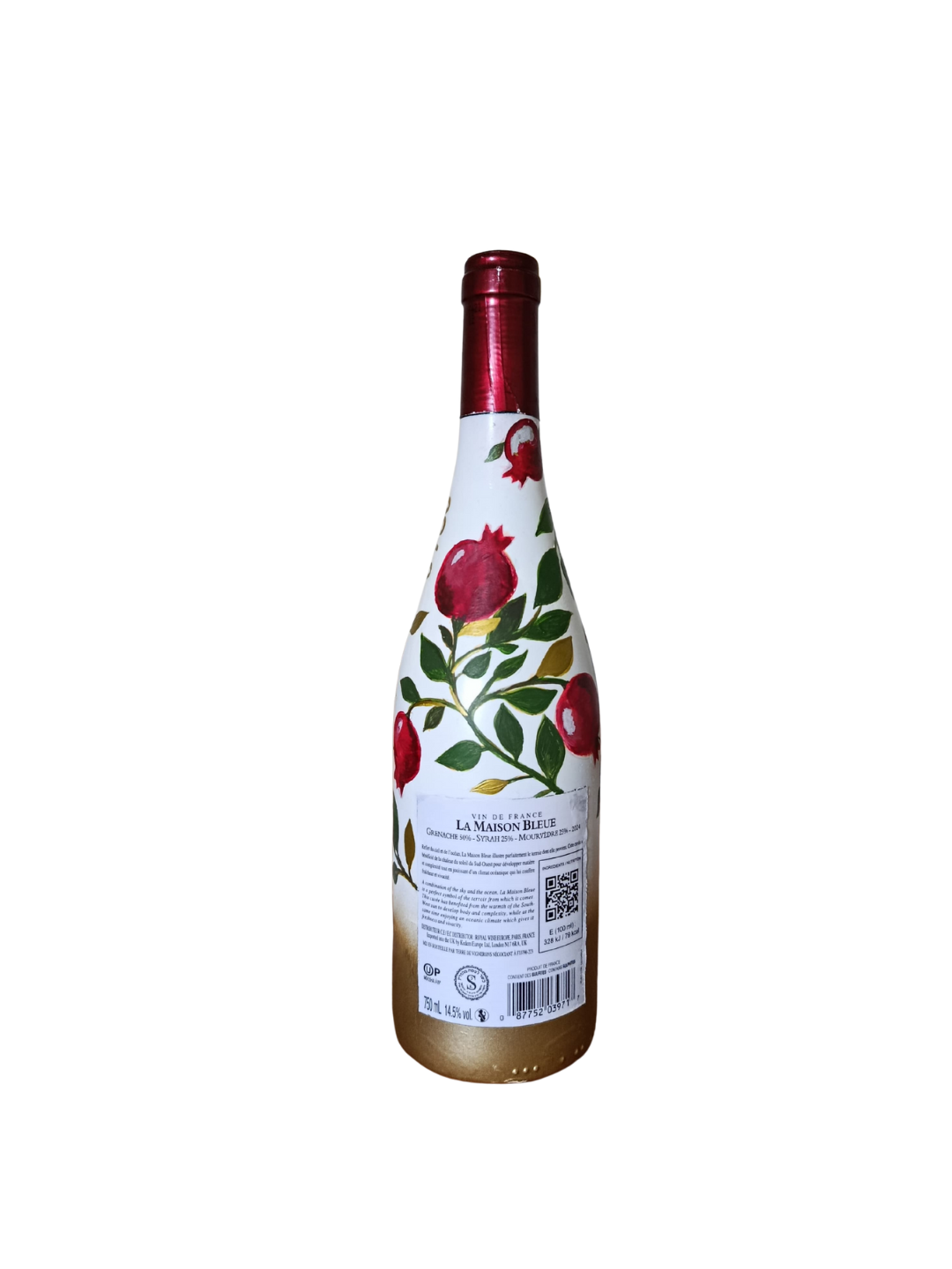 Handbemalte Weinflasche „La Maison Bleue“ – Granatapfel-Design für Rosh Hashana Koscher