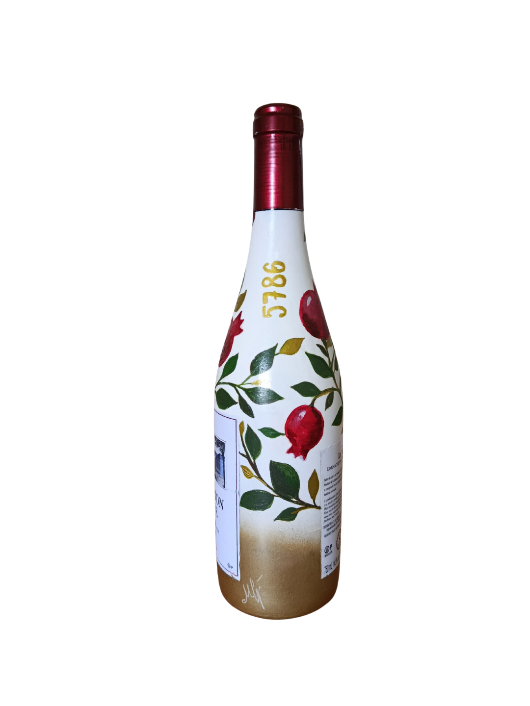 Handbemalte Weinflasche „La Maison Bleue“ – Granatapfel-Design für Rosh Hashana Koscher