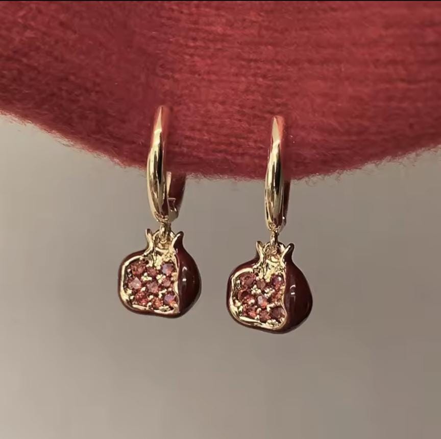 925 Sterling Silber 14K vergoldet – Granatapfel Ohrringe mit Zirkon & Emaille