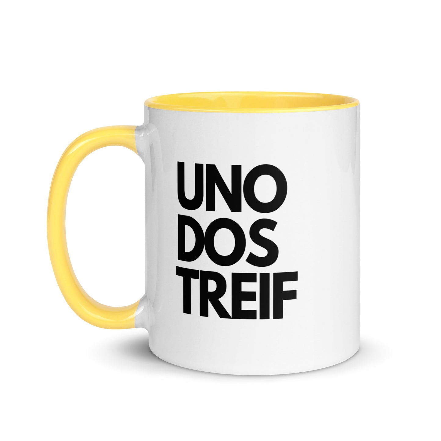 Tasse mit farbiger Innenseite "UNO, DOS, TREIF"