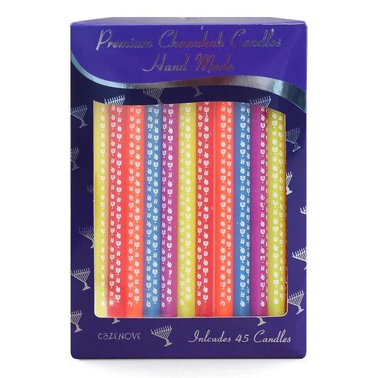 Premium Chanukka-Kerzen, Bunte Dreidel-Art, 45 Stück, 14 cm