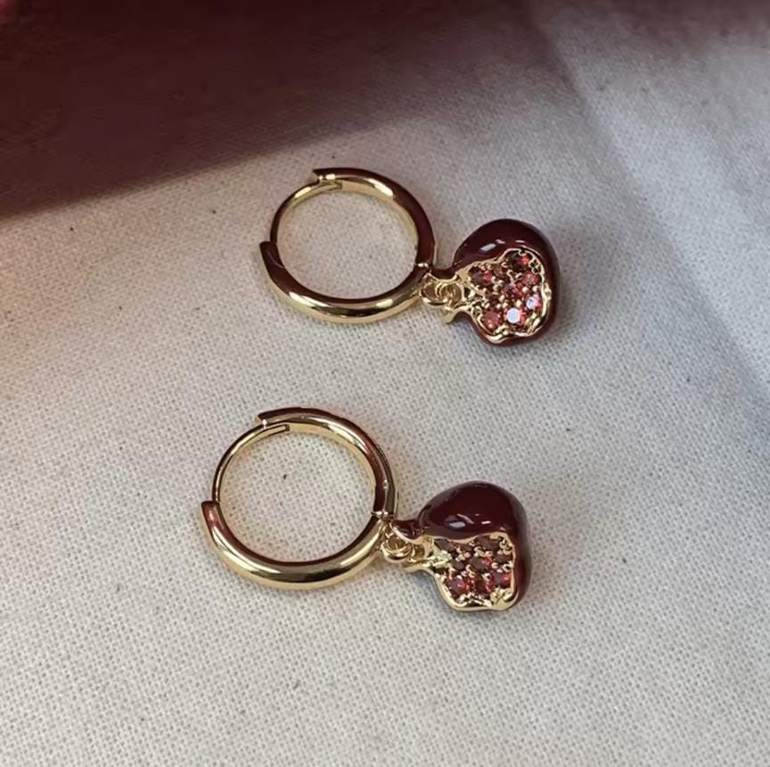 925 Sterling Silber 14K vergoldet – Granatapfel Ohrringe mit Zirkon & Emaille