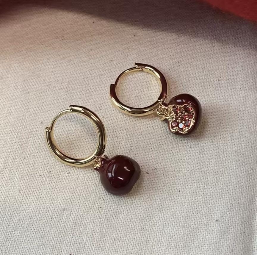 925 Sterling Silber 14K vergoldet – Granatapfel Ohrringe mit Zirkon & Emaille