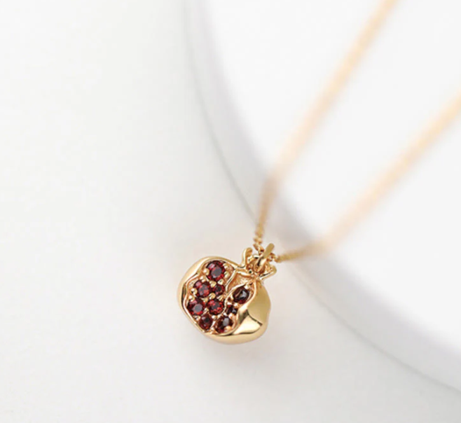 925 Sterling Silber 18K vergoldet – Granatapfel Granat Kristall Passion Charm Halskette