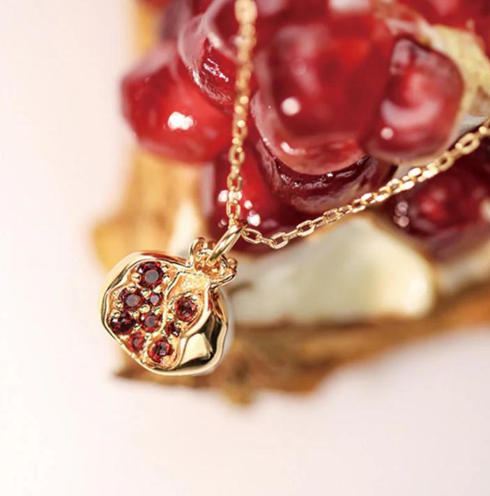 925 Sterling Silber 18K vergoldet – Granatapfel Granat Kristall Passion Charm Halskette