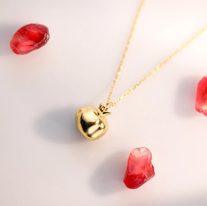925 Sterling Silber 18K vergoldet – Granatapfel Granat Kristall Passion Charm Halskette