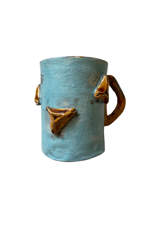 Handmade Ceramic Purim Mug with Sculpted Hamantaschen