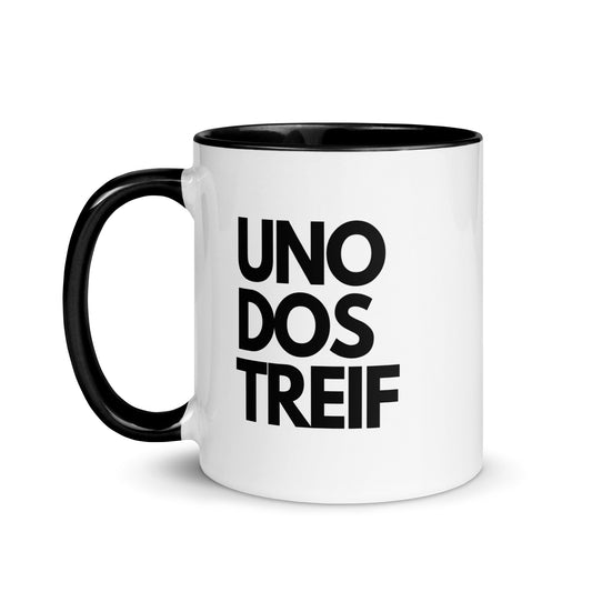 Tasse mit farbiger Innenseite "UNO, DOS, TREIF"