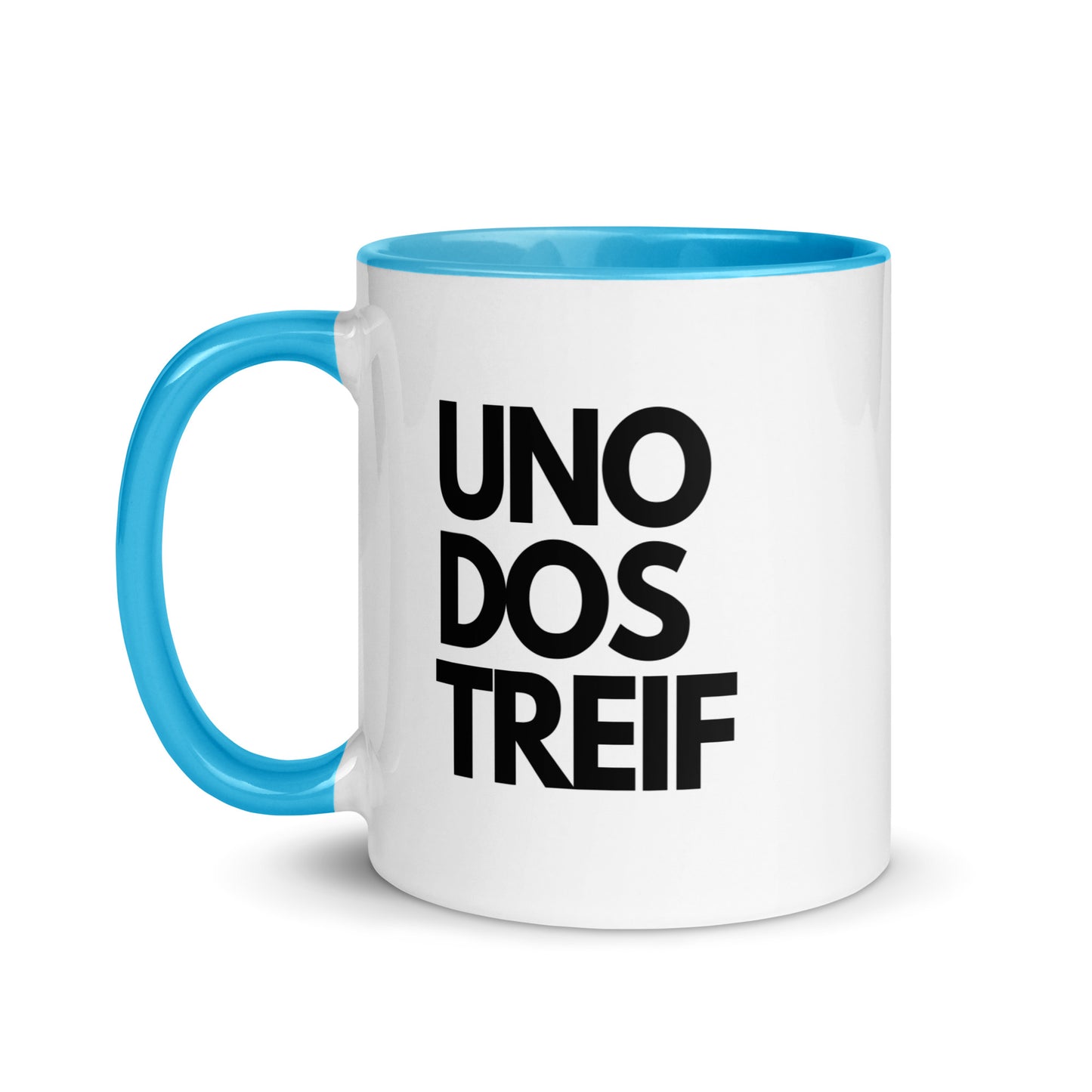 Tasse mit farbiger Innenseite "UNO, DOS, TREIF"