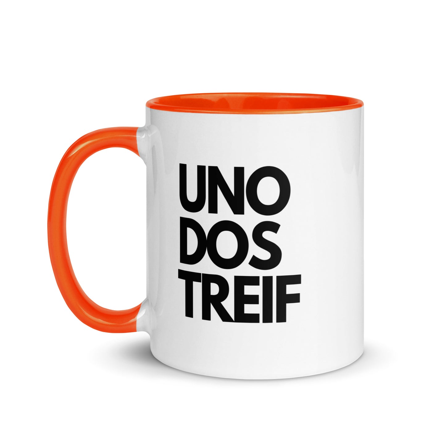 Tasse mit farbiger Innenseite "UNO, DOS, TREIF"