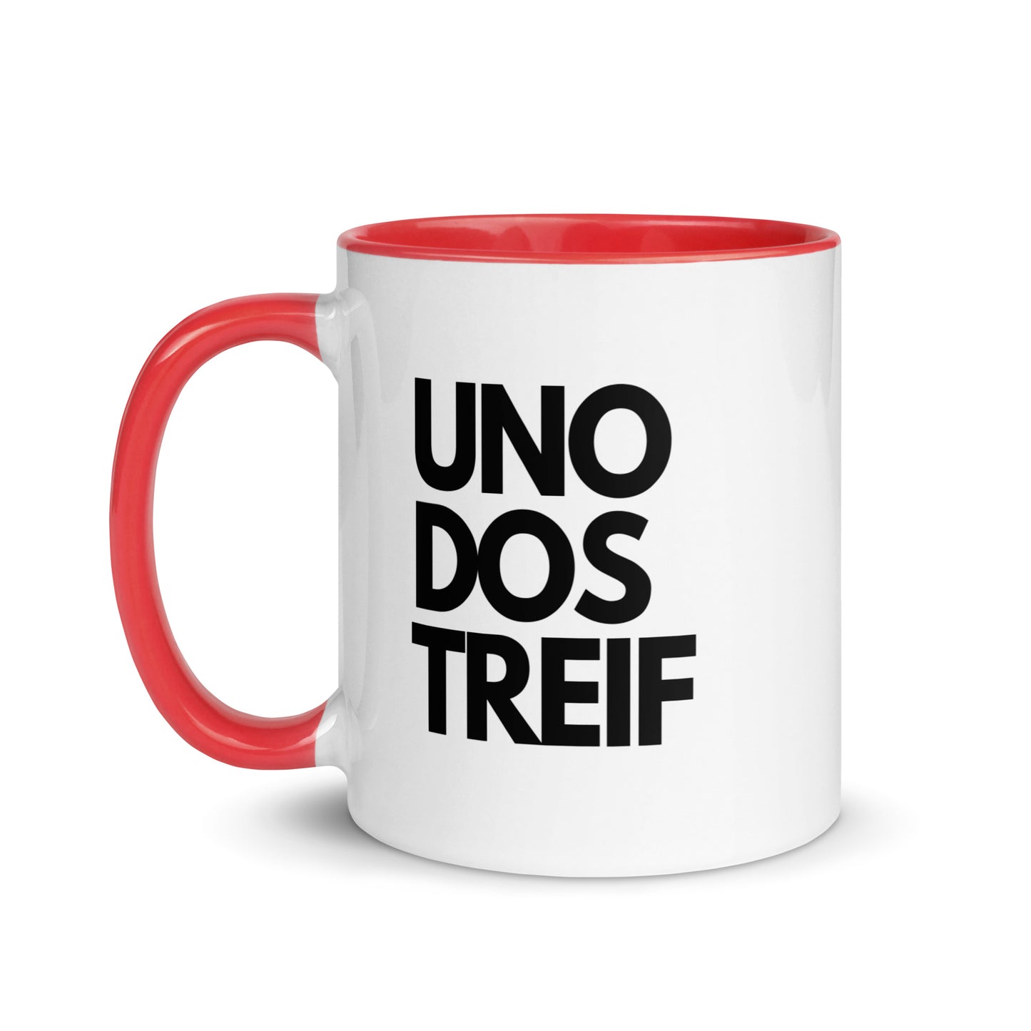 Tasse mit farbiger Innenseite "UNO, DOS, TREIF"